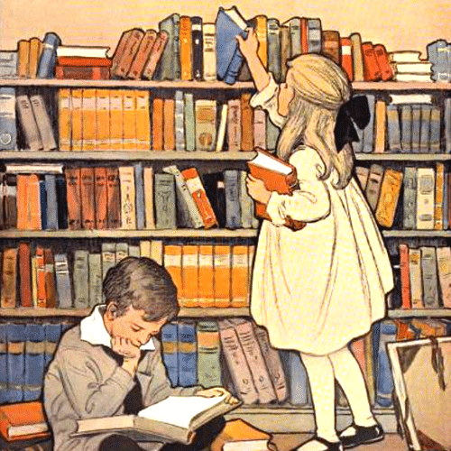 Kittys Tales Favourites. A young girl in 1920' dress removing a favourite book from the bookcase whilst her brother sits on the floor reading