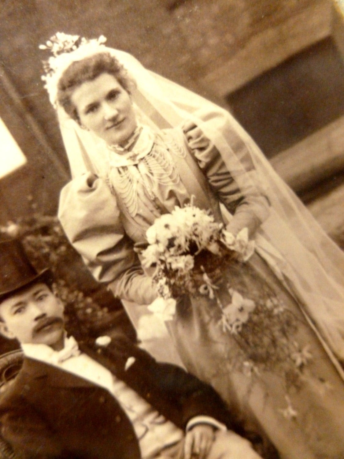 Antique Wedding Photo Bride and Groom Victorian Cabinet Card Gorgeous Wedding Dress and Veil 1890s
