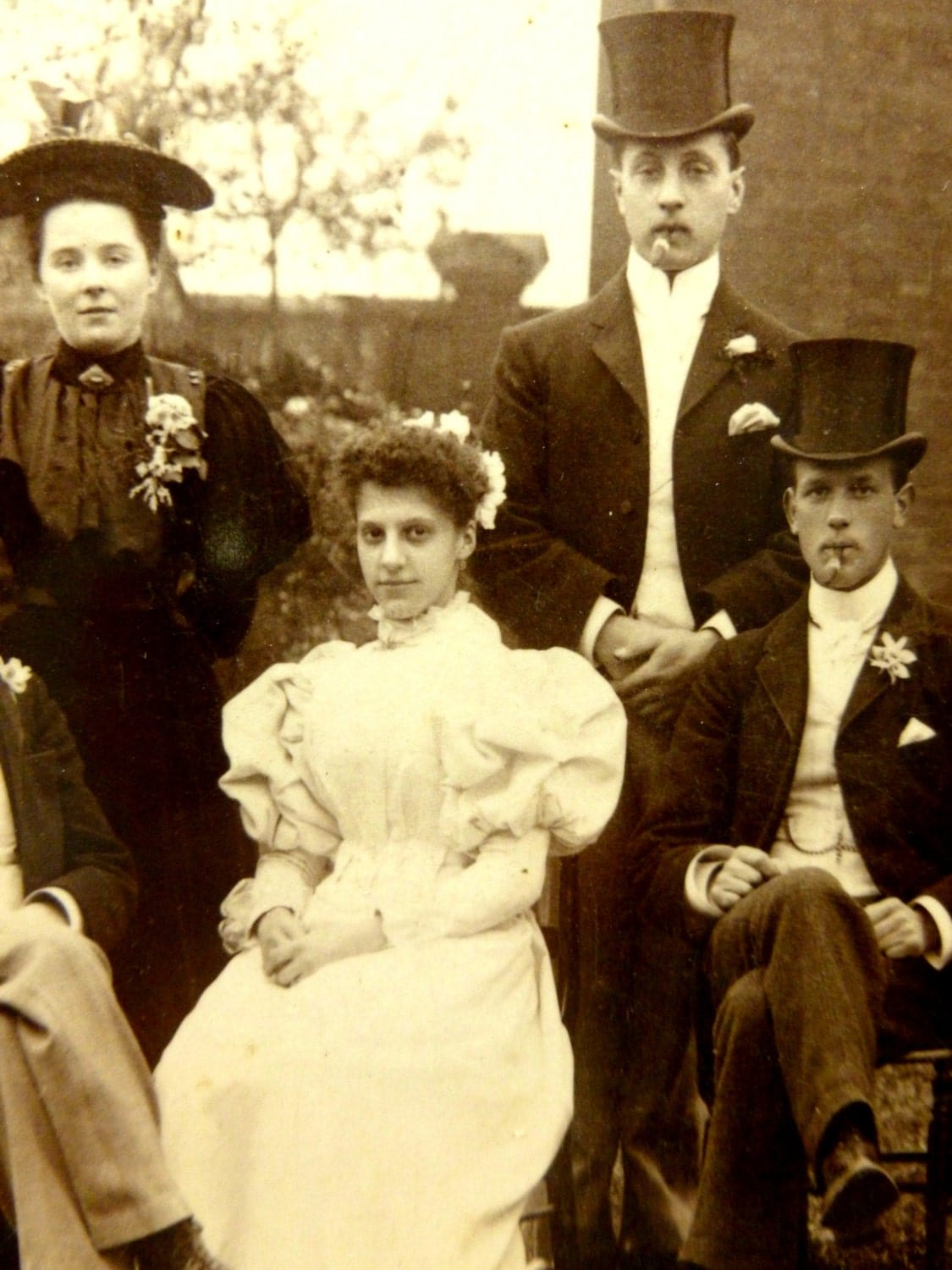 Antique Double Wedding Photo Victorian Cabinet Card Top Hat and Tails Bridesmaids Bride Grooms