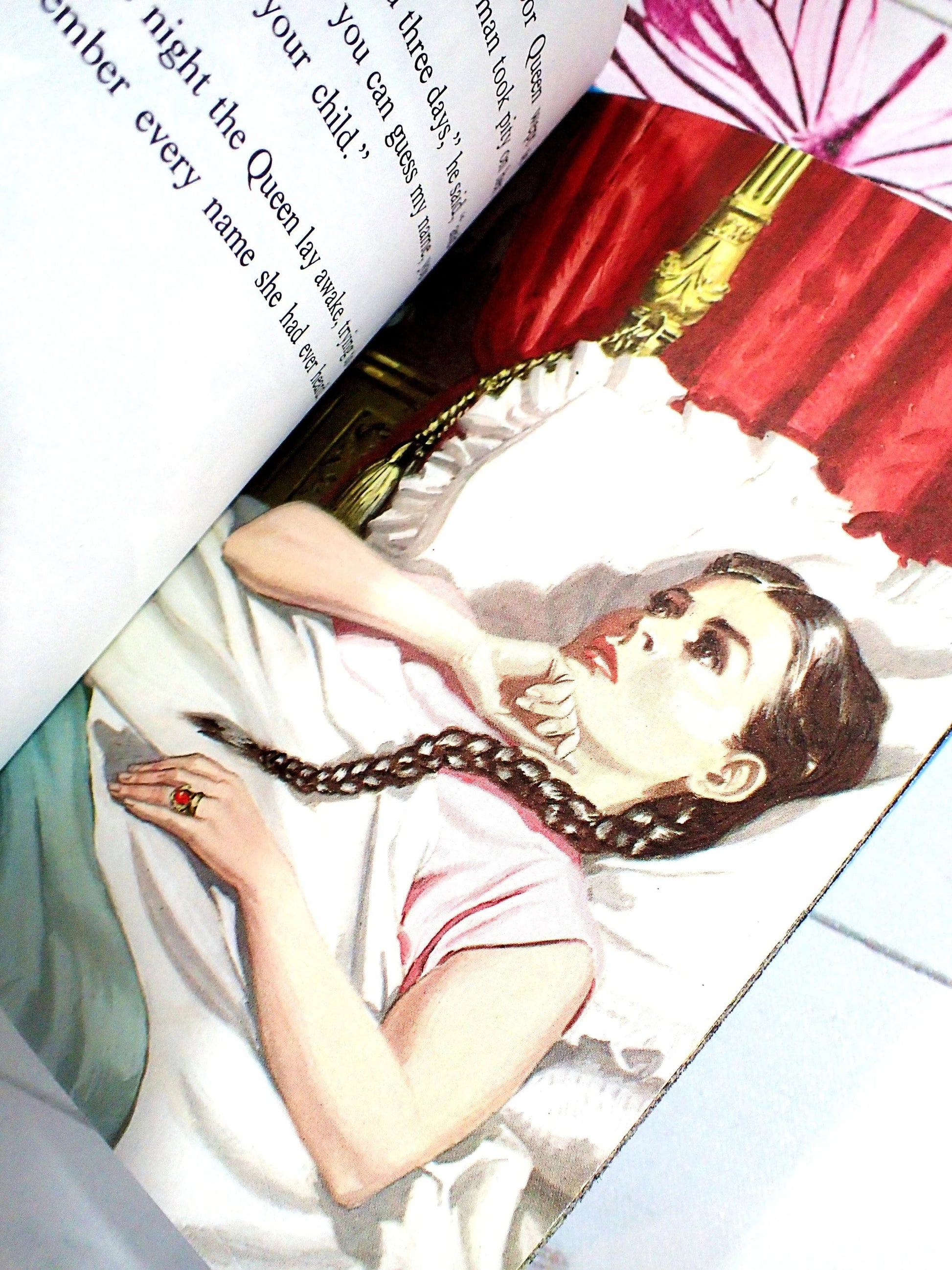 The queen lay in bed worrying. Rumpelstiltskin.