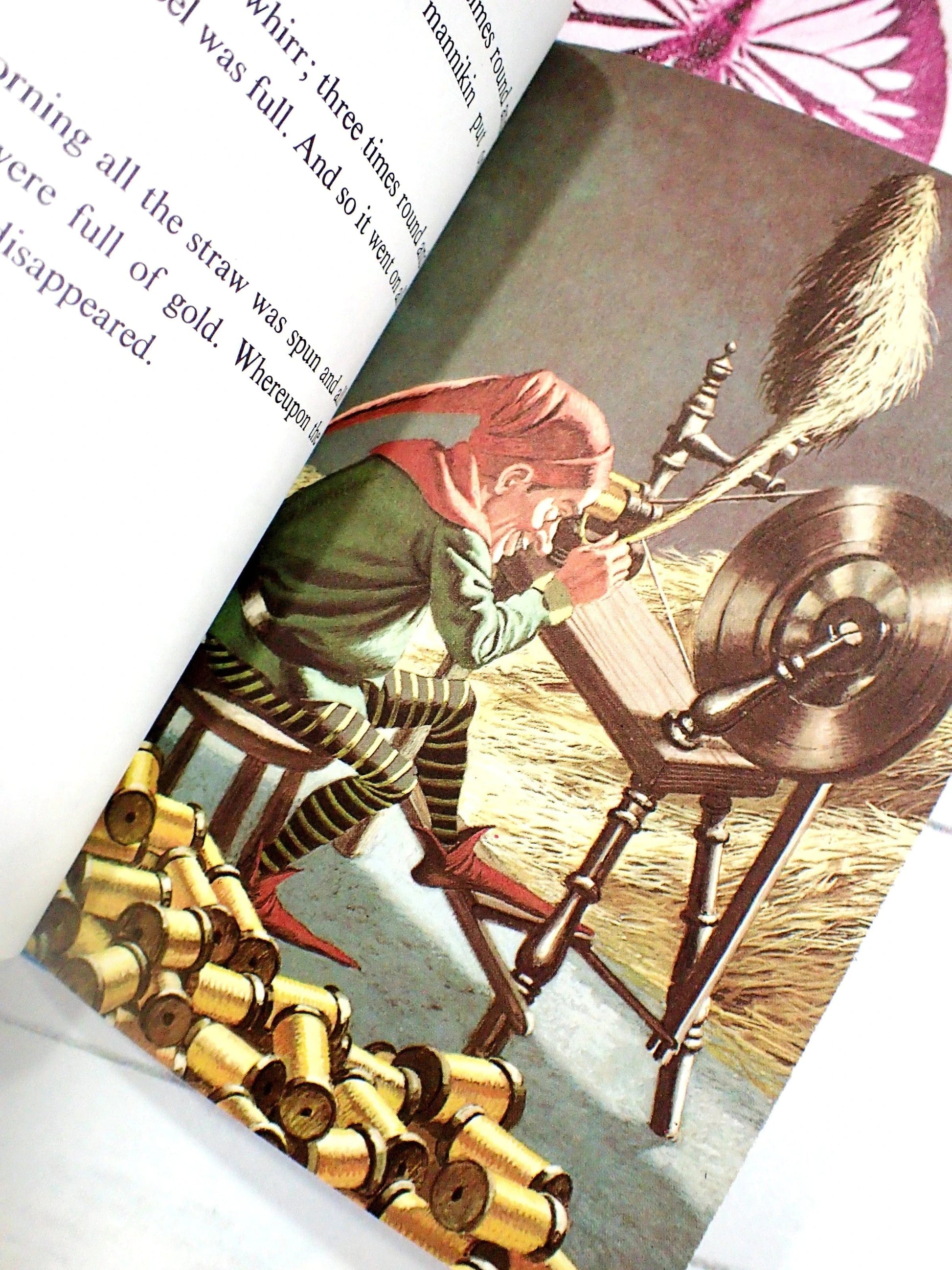 Mischievous imp Rumpelstiltskin spinning straw into gold.