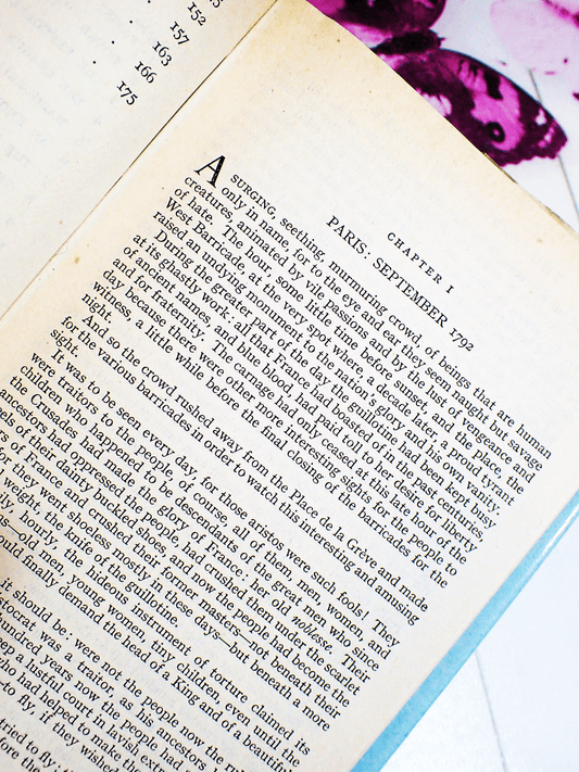 First Page of The Scarlet Pimpernel by Baroness Orczy Thrilling Romance Classic 1940's Vintage Book showing textL: Paris September 1792