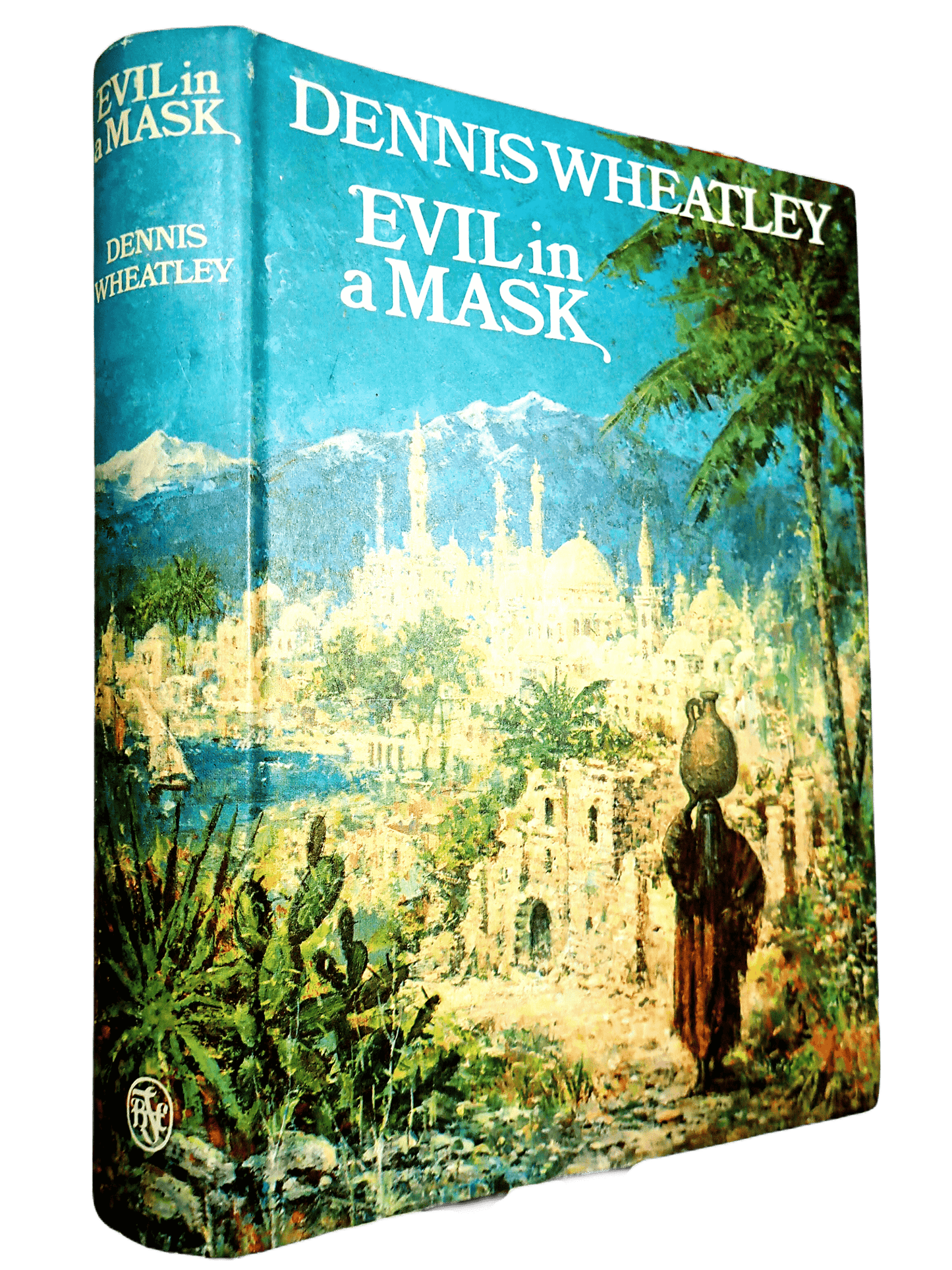 Front cover of Evil in a Mask Dennis Wheatley Vintage Book BCA 1960's Showing a figure walking against an eastern landscape.