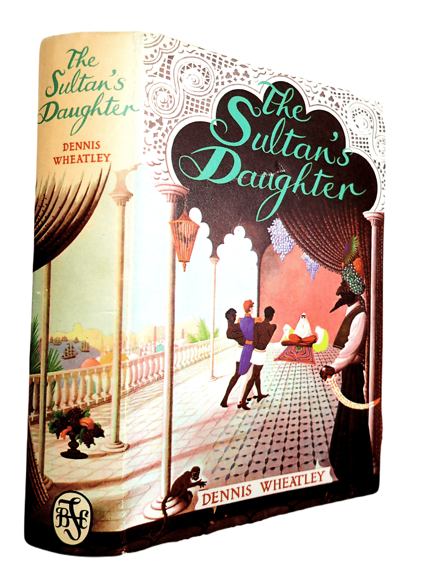 Front cover of The Sultans Daughter Dennis Wheatley Vintage Book BCA Showing a man in a turban and a monkey.