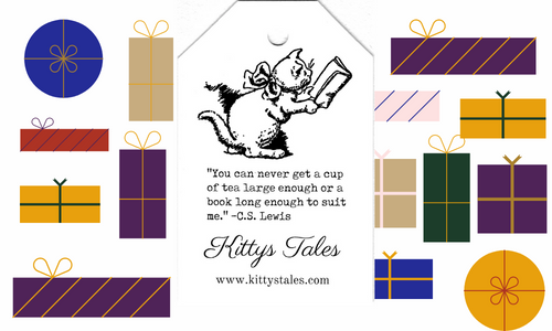 "You can never get a cup of tea large enough or a book long enough to suit me." C.S. Lewis. Kittys Tales Complementary gift wrap label with pictures of wrapped gifts. 