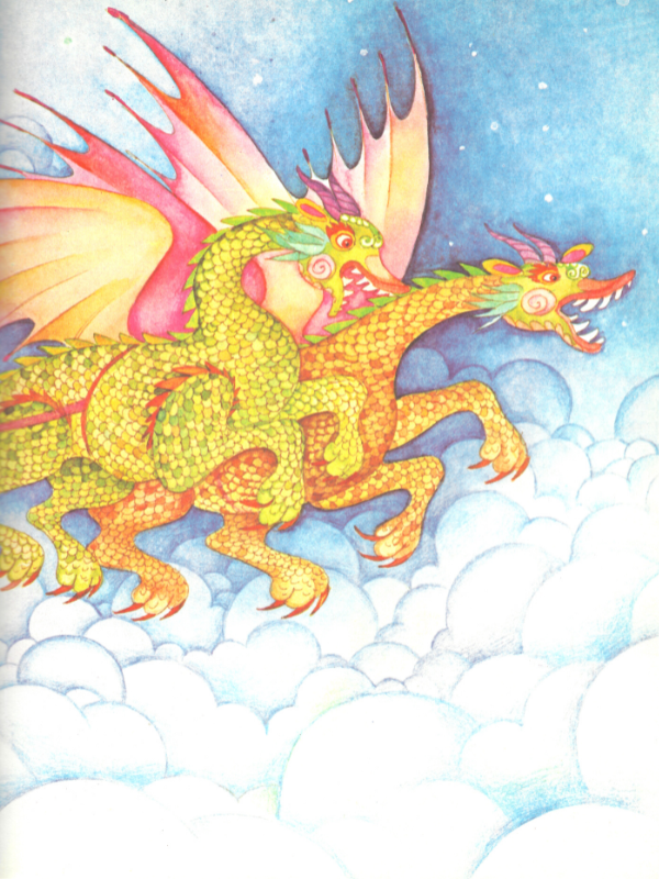 Firing the imagination fantastic colourful dragons with golden scales and wings flying in the clouds.