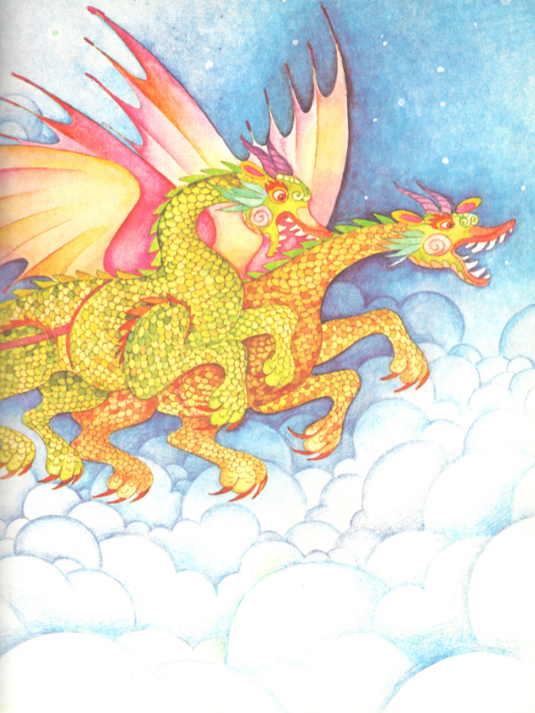 Firing the imagination fantastic colourful dragons with golden scales and wings flying in the clouds. 