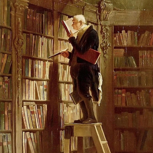A painting of an elderly gentleman on library steps cataloguing his collection of antiquarian books in a Georgian library room.