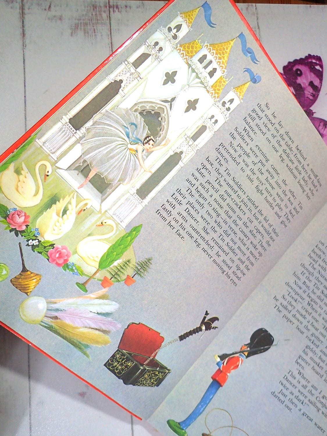 Illustration of The Paper Ballerina and Steadfast Tin Soldier in Vintage Dean's Gift Book of Hans Christian Andersen Fairy Tales