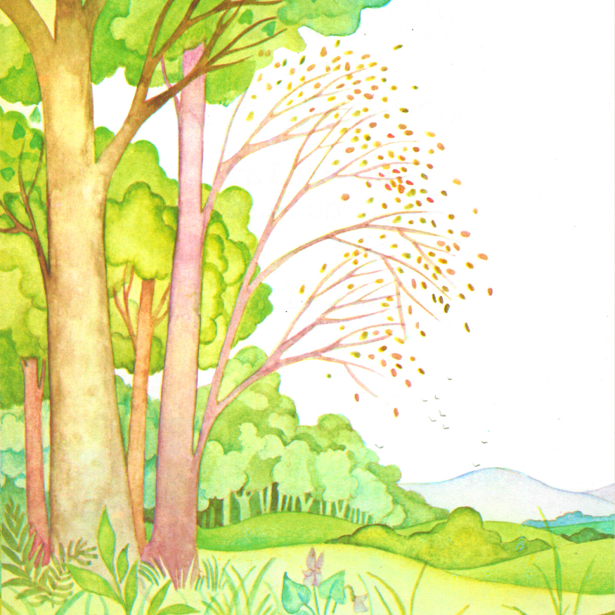 Tranquil watercolour illustration of a country scene with grass, trees and leaves blowing in the wind