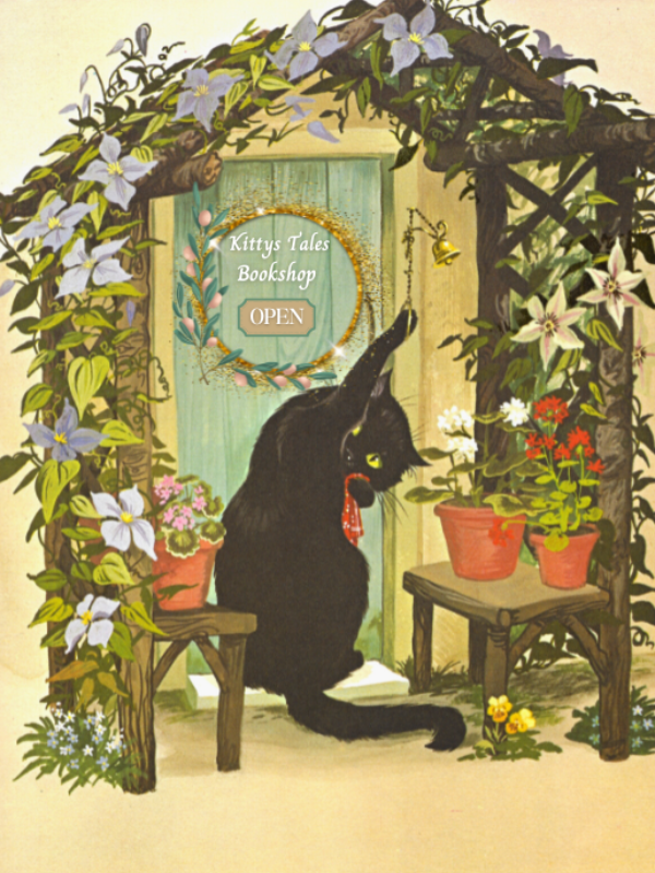 Black cat ringing Kittys Tales little vintage bookshop doorbell under a trellis of flowers with a red spotted handkerchief.