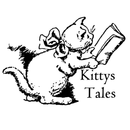 Kittys Tales Vintage Book Shop, cute cat with a quaint bow ribbon tied round its neck. 