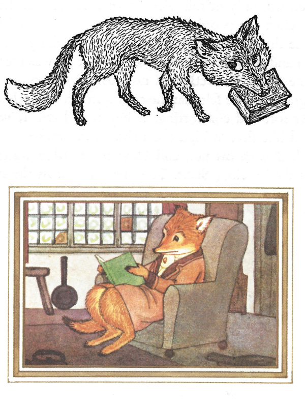 Fox saving a book from landfill. Fox sat at home in an armchair wearing dressing gown reading the found book.
