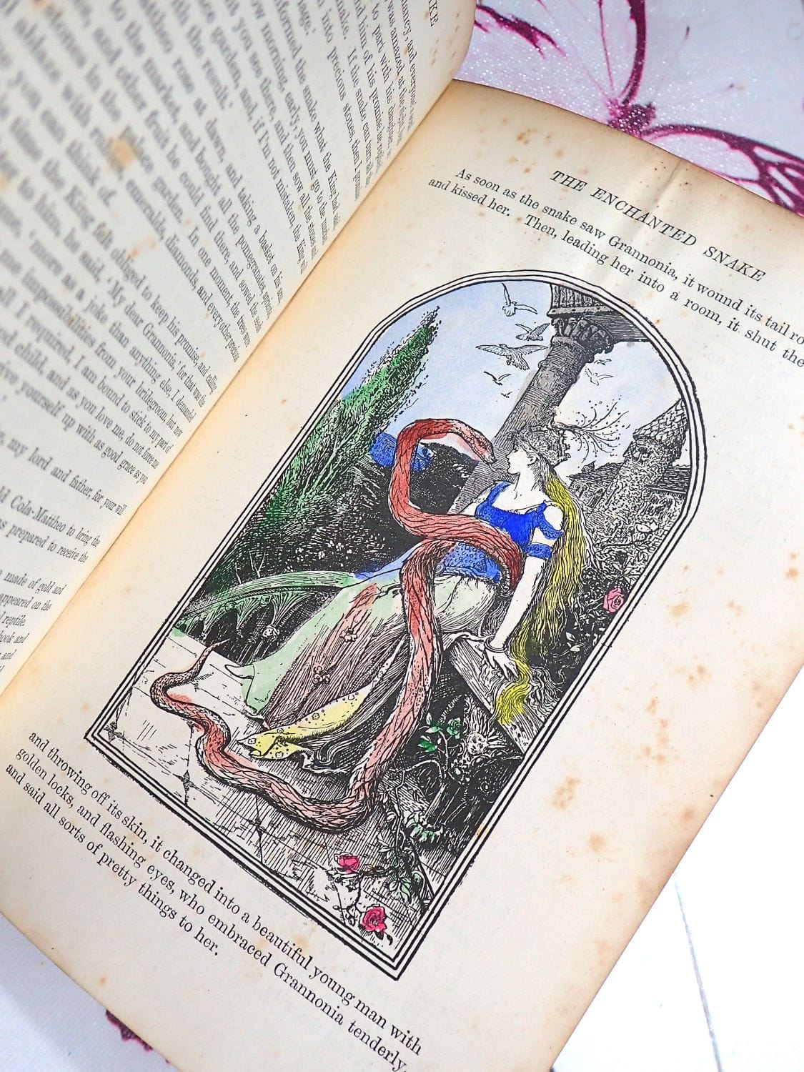 Maiden and Serpent illustration in The Green Fairy Book by Andrew Lang Antique Edition 1895