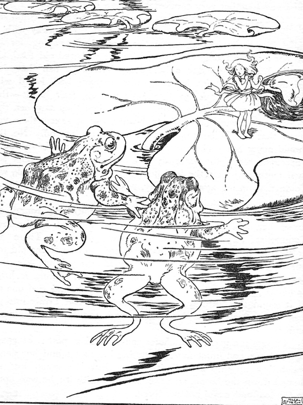 Black and white illustration of tiny thumbelina on a lily pad with two large frogs looking at her.