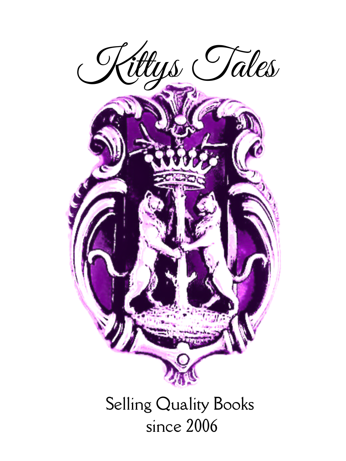 Kittys Tales Purple Crest of two large cats supporting a coronet. Kittys Tales Selling Quality Books since 2006.