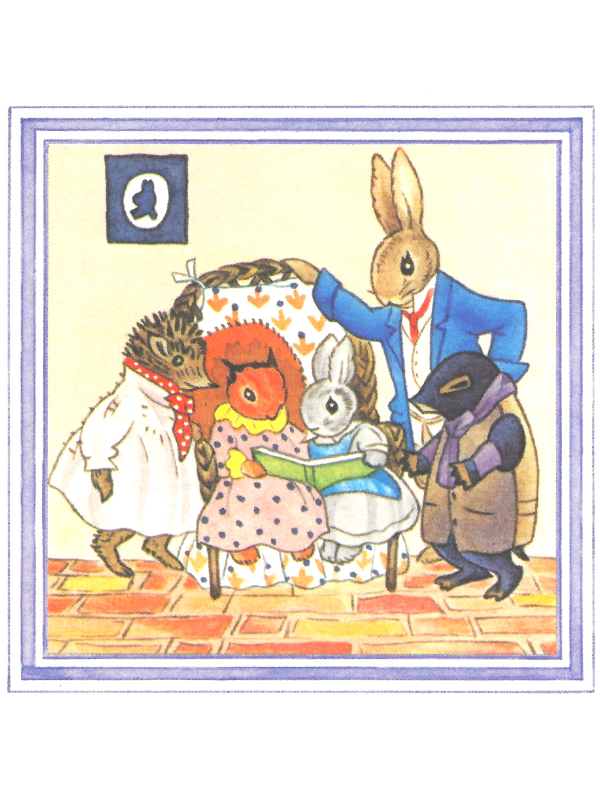 Family of cute woodland animals wearing clothes with squirrel and rabbit reading a book together. We love books. 