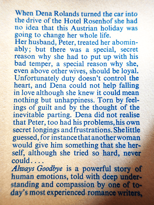 Blurb for Always Goodbye Marjorie Vernon Romance Book Club Hardback showing text: " When Dena Rowlands turned the car..."