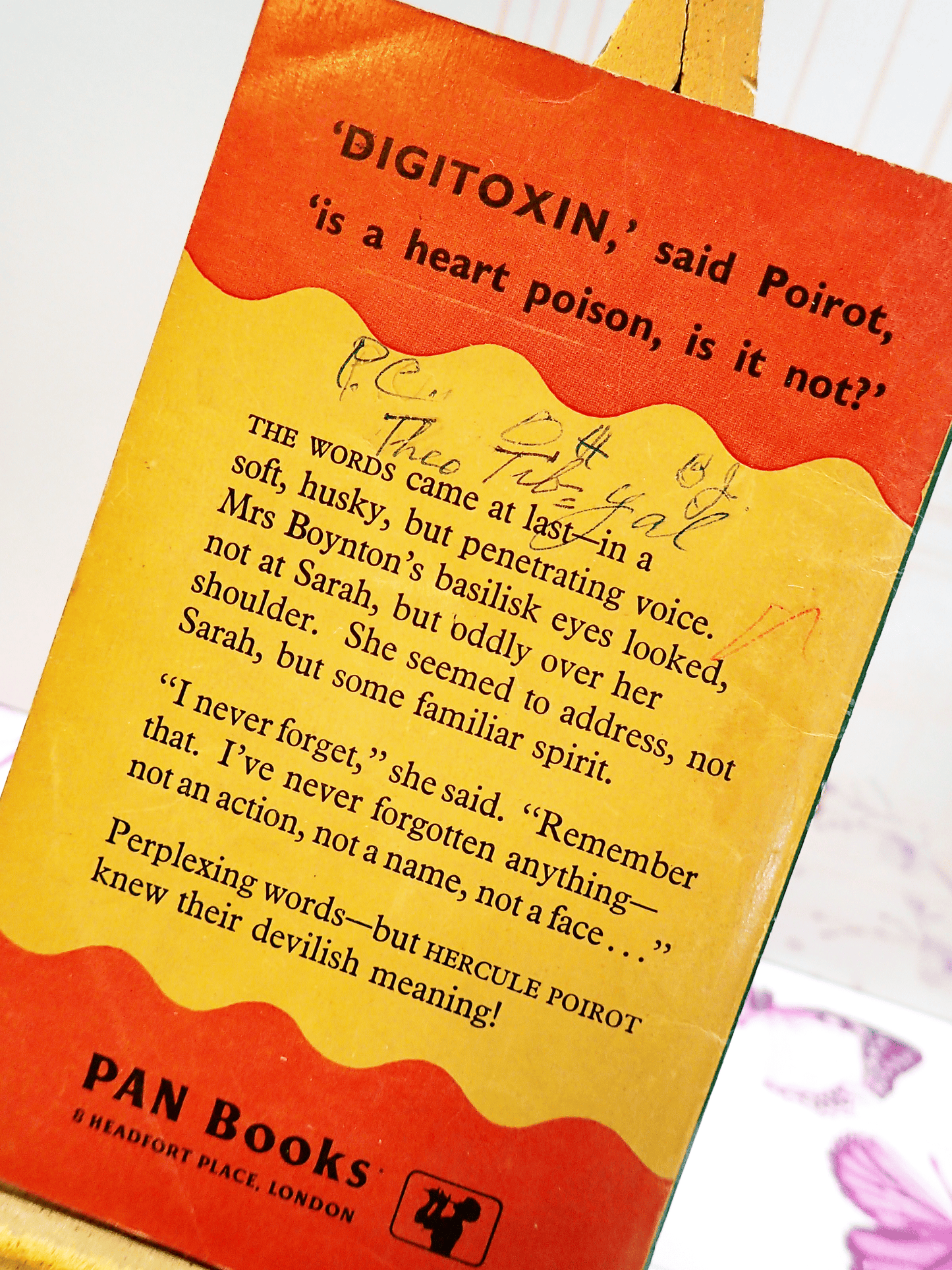 Back Cover of Appointment with Death Agatha Christie Great Pan Paperback Vintage Crime Book 1950's showing Book Blurb against Orange and Cream background with Pan Books Logo.