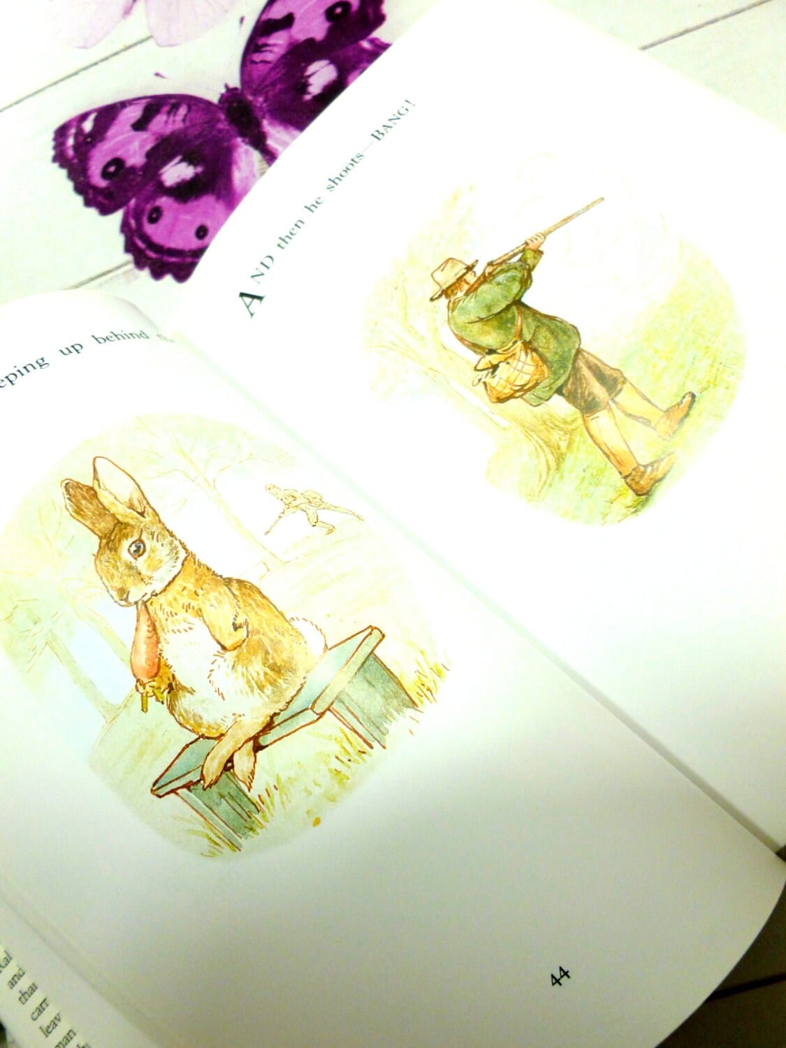 Illustrated pages from Beatrix Potter Best Loved Tales showing a picture of Benjamin Bunny eating a carrot and the farmer with his gun.