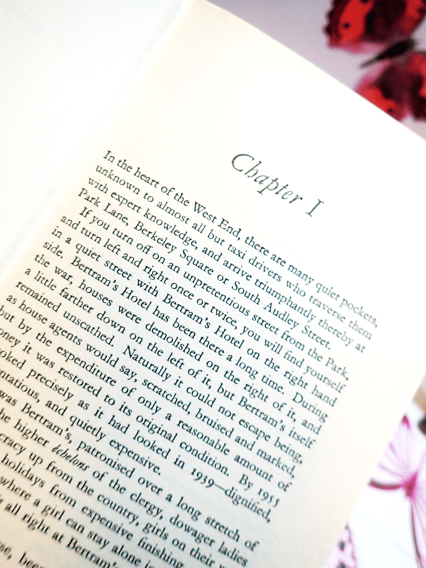 First Page of Agatha Christie's At Bertrams Hotel Vintage Book Classic Crime Fiction 1950's Hardback showing text: "Chapter I, In the heart of the West End..."