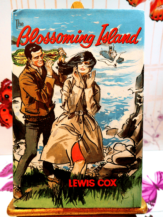Front cover of Blossoming Island Lewis Cox Romance Book Club Hardback showing a man and woman on a cliff top.