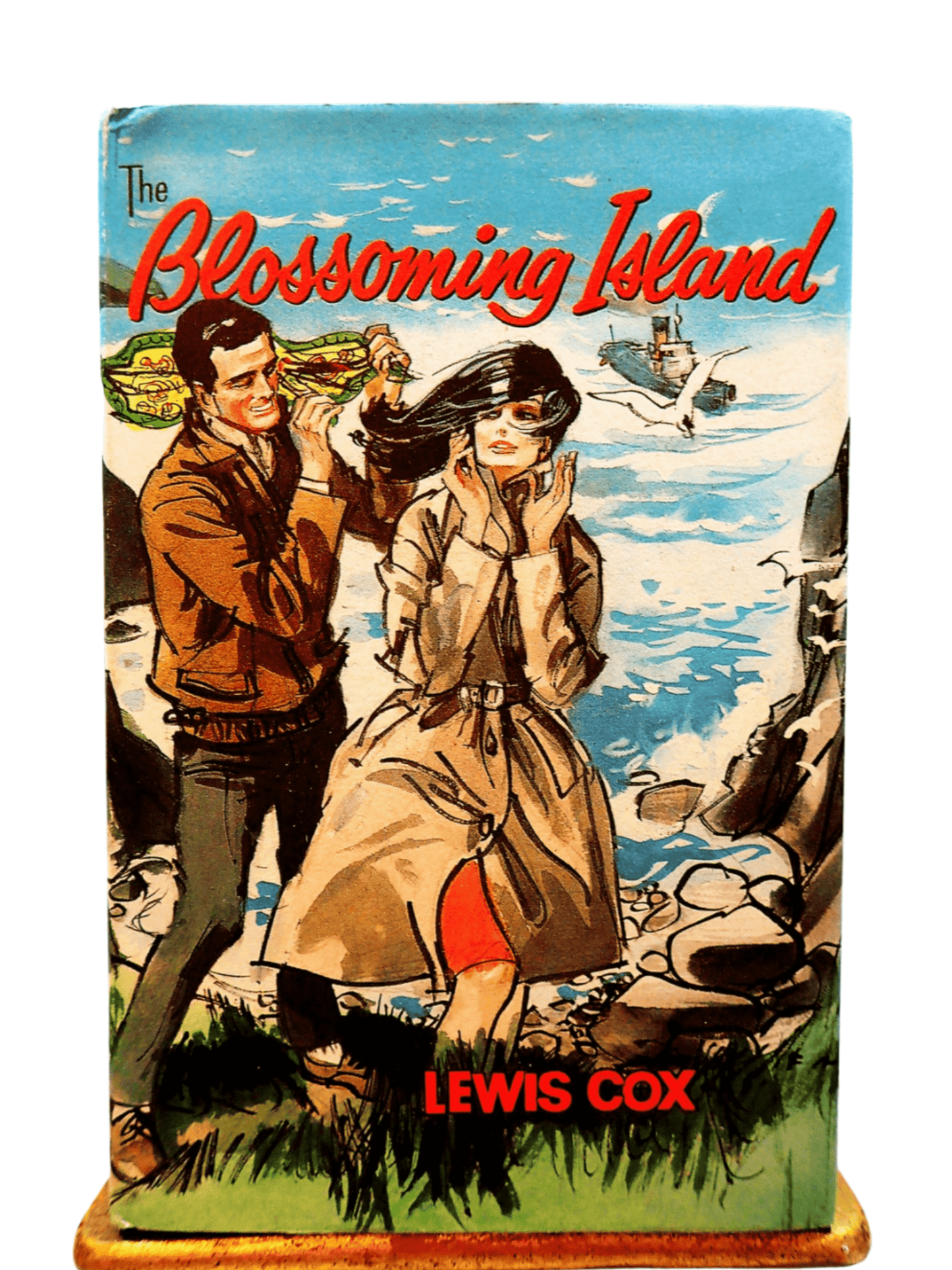 Front cover of Blossoming Island Lewis Cox Romance Book Club Hardback showing a man and woman on a cliff top.