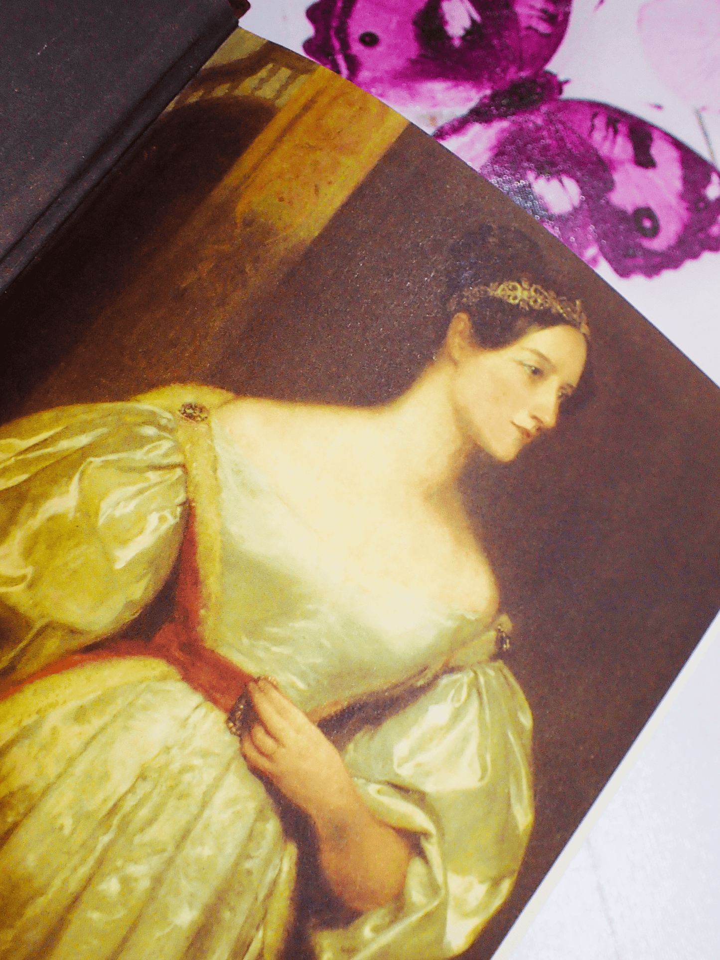 Decorated endpaper of The Bride of Science Benjamin Woolley Ada Lovelace Byron Biography Vintage Book 1999 showing portrait of Ada Lovelace.