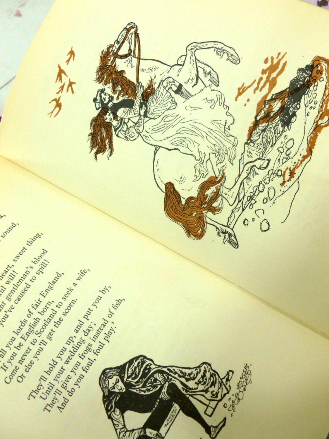Illustration showing a woman and man riding a horse from a vintage book a Bundle of Ballads.