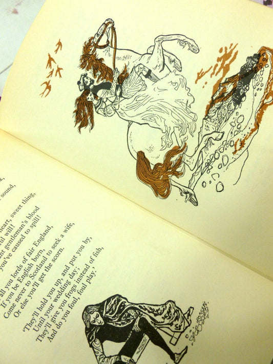 Illustration showing a woman and man riding a horse from a vintage book a Bundle of Ballads.