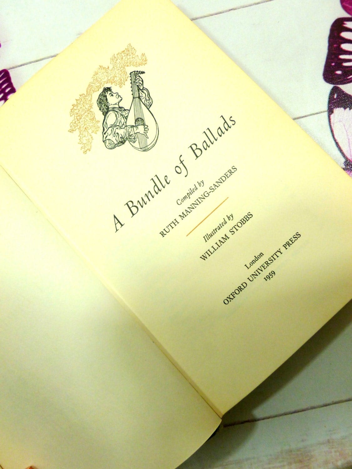 Title page of vintage book, A Bundle of Ballads, compiled by Ruth Manning -Sanders , Illustrated by William Stobbs