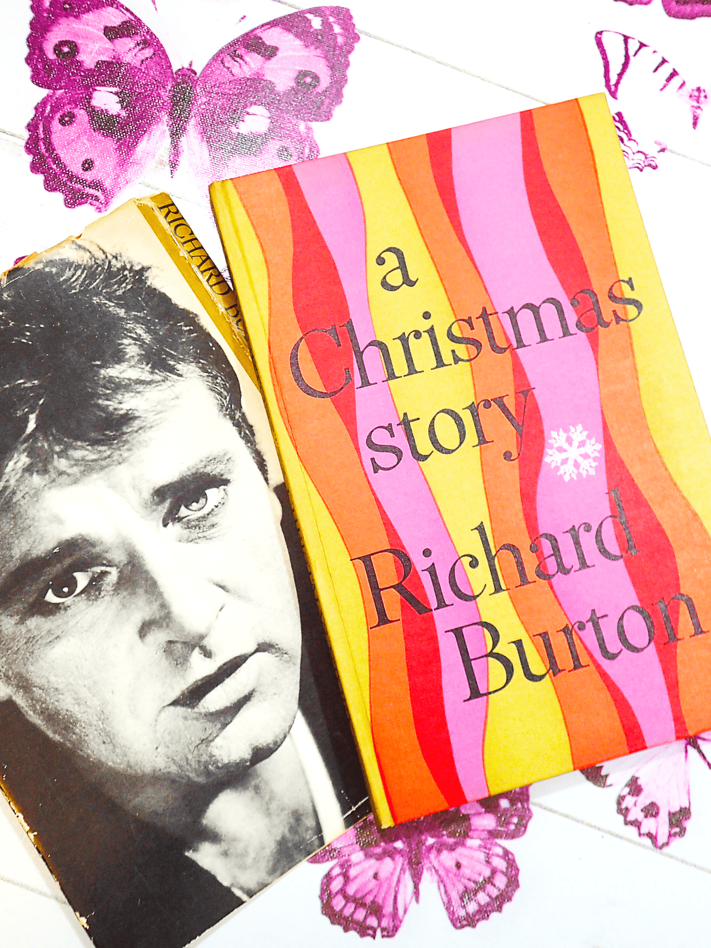 Colourful cover of vintage book, A Christmas Story by Richard Burton with photograph of Richard Burton to reverse and snowflake on front cover.