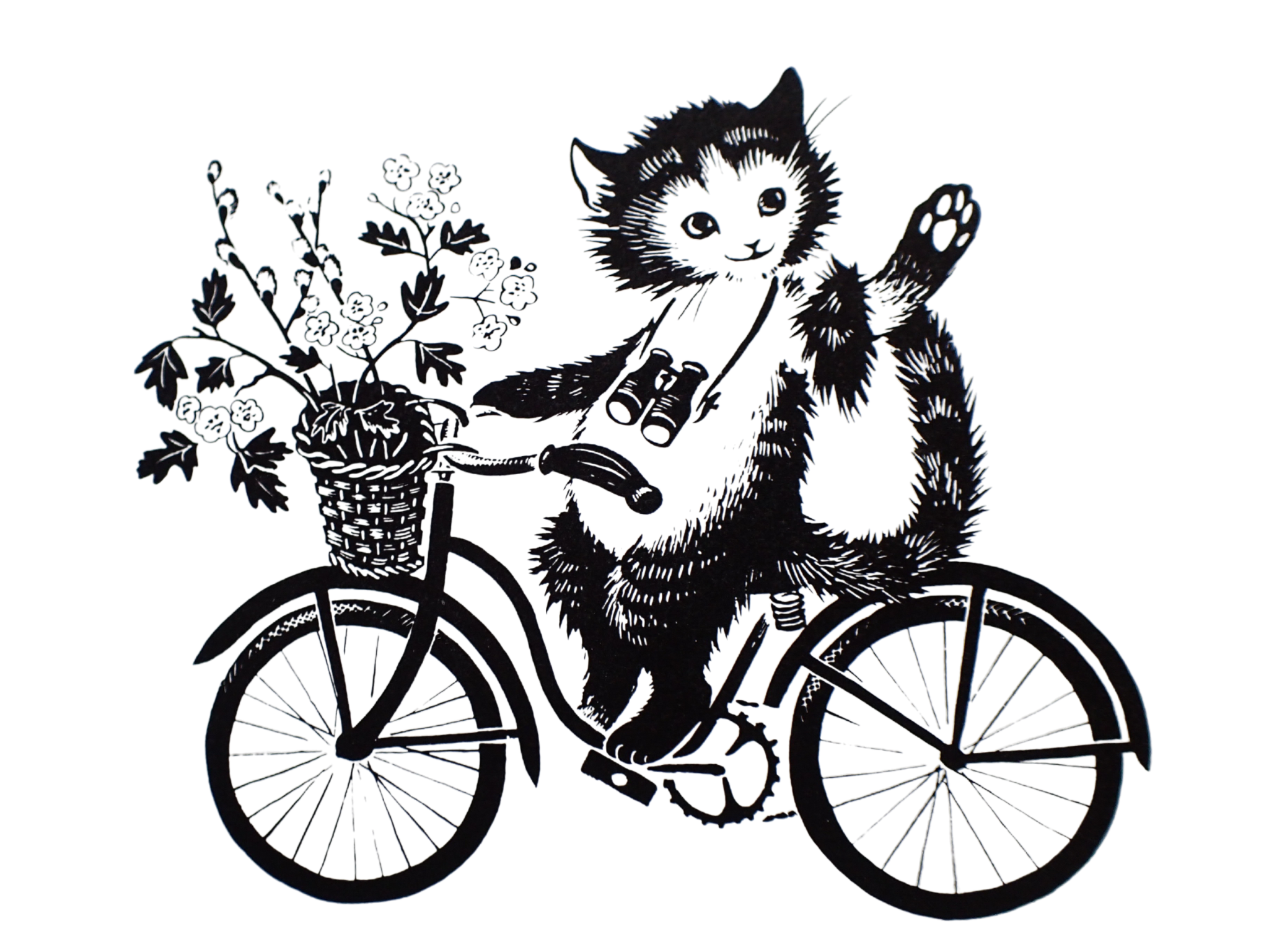 Kittys Tales delivery. Cute cat on a bicycle with basket of flowers and binoculars waving. 