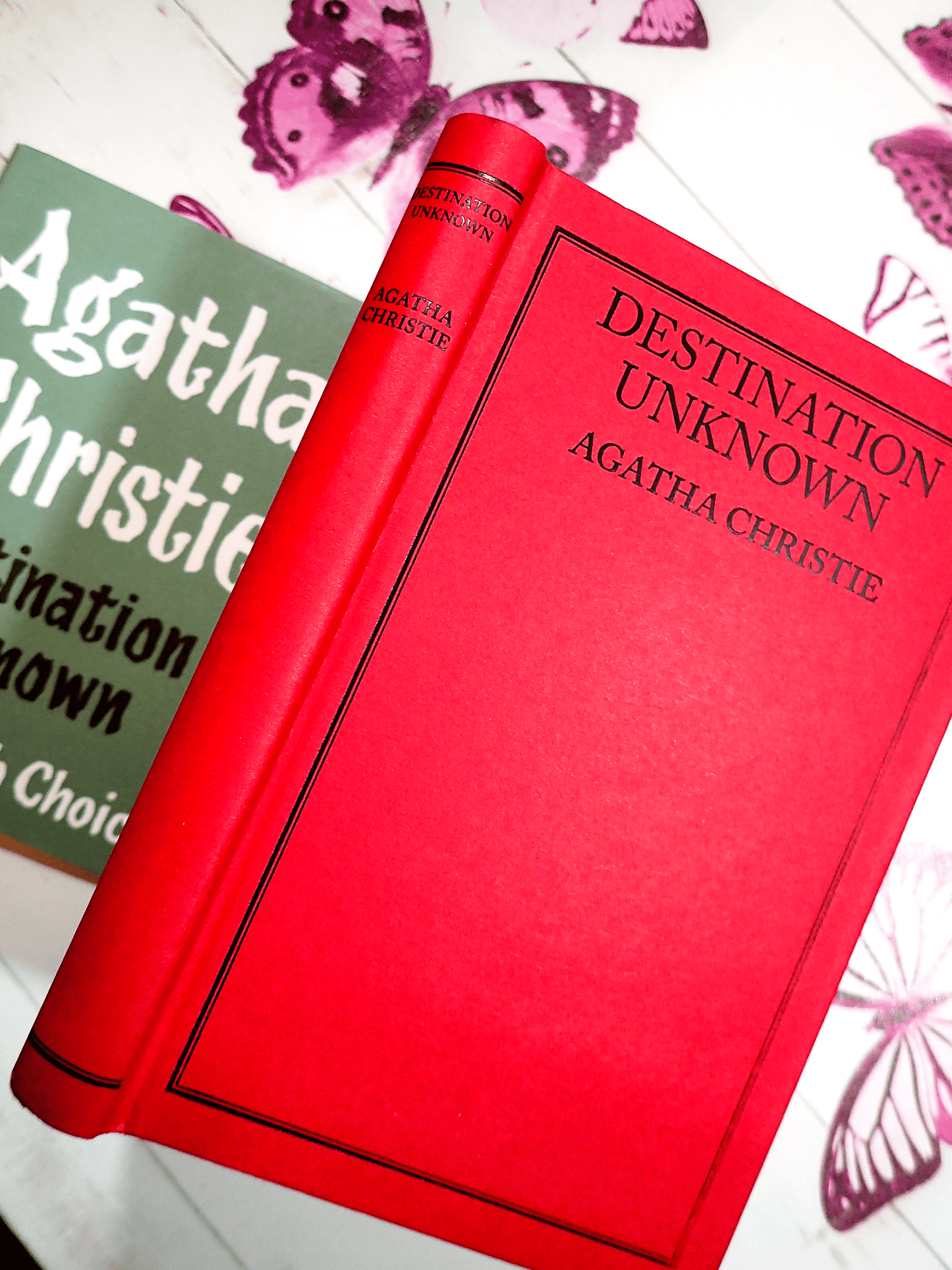Destination Unknown Agatha Christie Hardback Facsimile Vintage book front cover showing scarlet boards and black titles to the spine. 