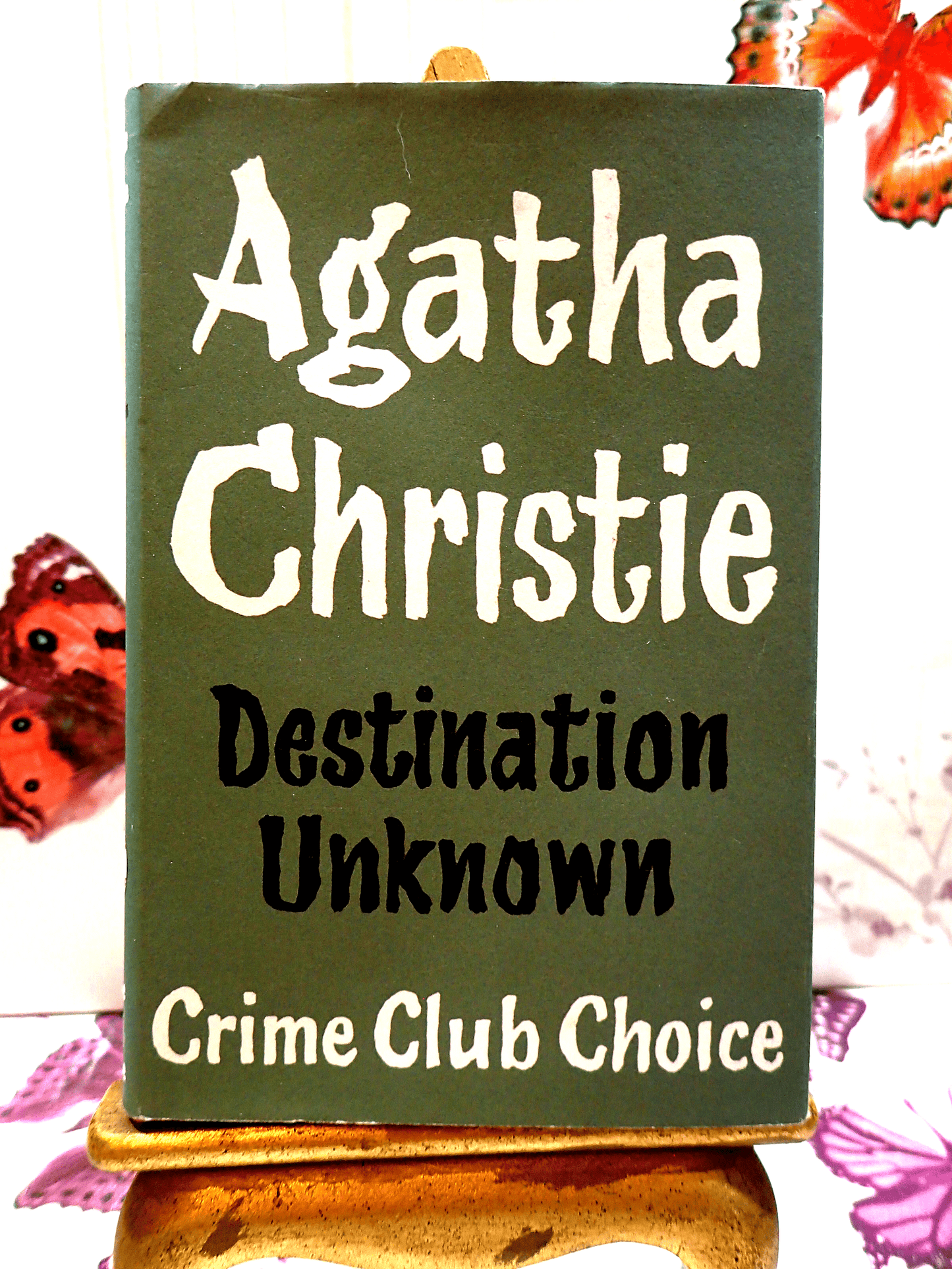 Destination Unknown Agatha Christie Hardback Facsimile Vintage book front cover showing black and white titles against grey green jacket.