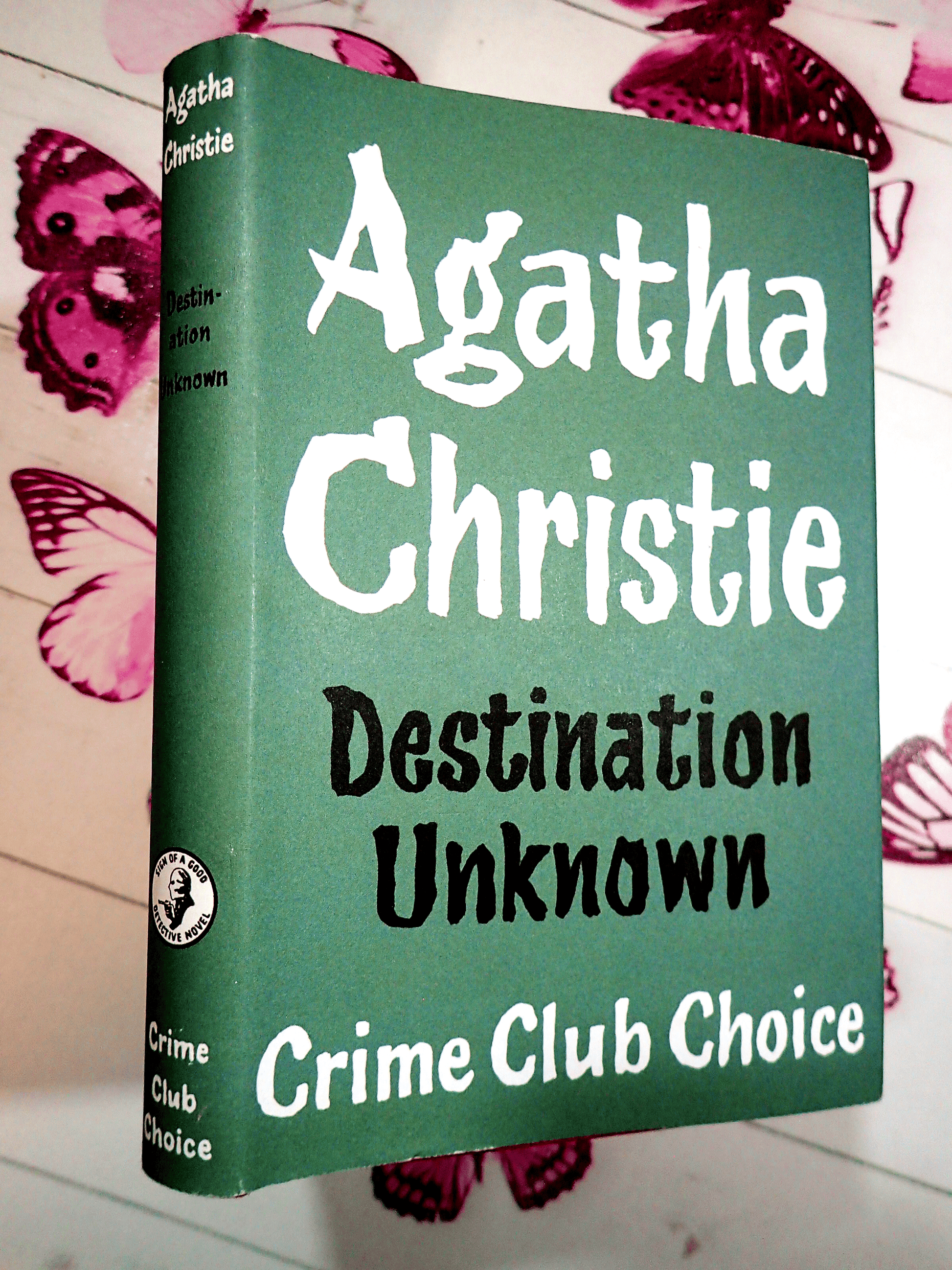 Destination Unknown Agatha Christie Hardback Facsimile Vintage book front cover showing black and white titles against grey green jacket. 