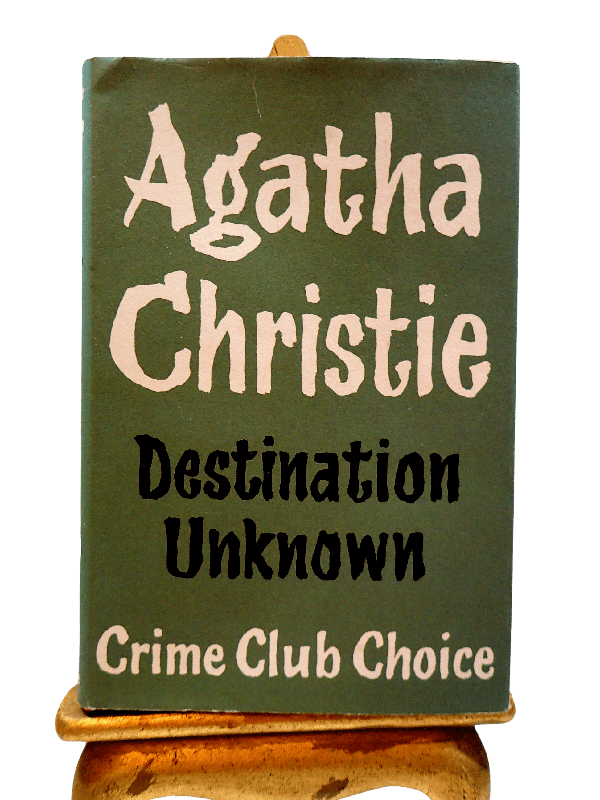 Destination Unknown Agatha Christie Hardback Crime Club Choice Facsimile Vintage book front cover showing black and white titles against grey green jacket. 