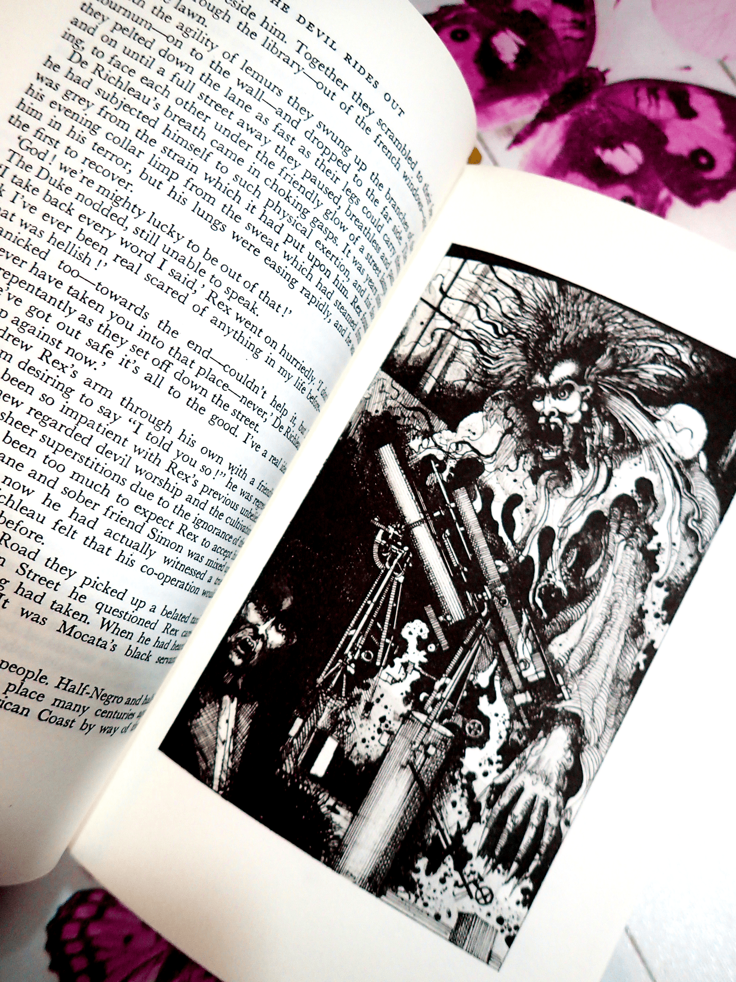 Black and white Illustration of Demonic figure in The Devil Rides Out Dennis Wheatley Faux Red Leather.