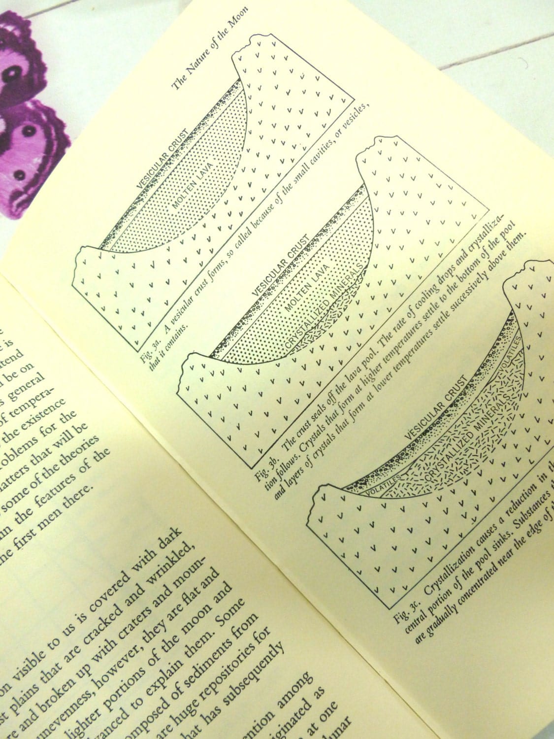 Black and white diagrammatical illustrations the moon's crust in vintage hardback book from the 1960's Exploration of the Moon.