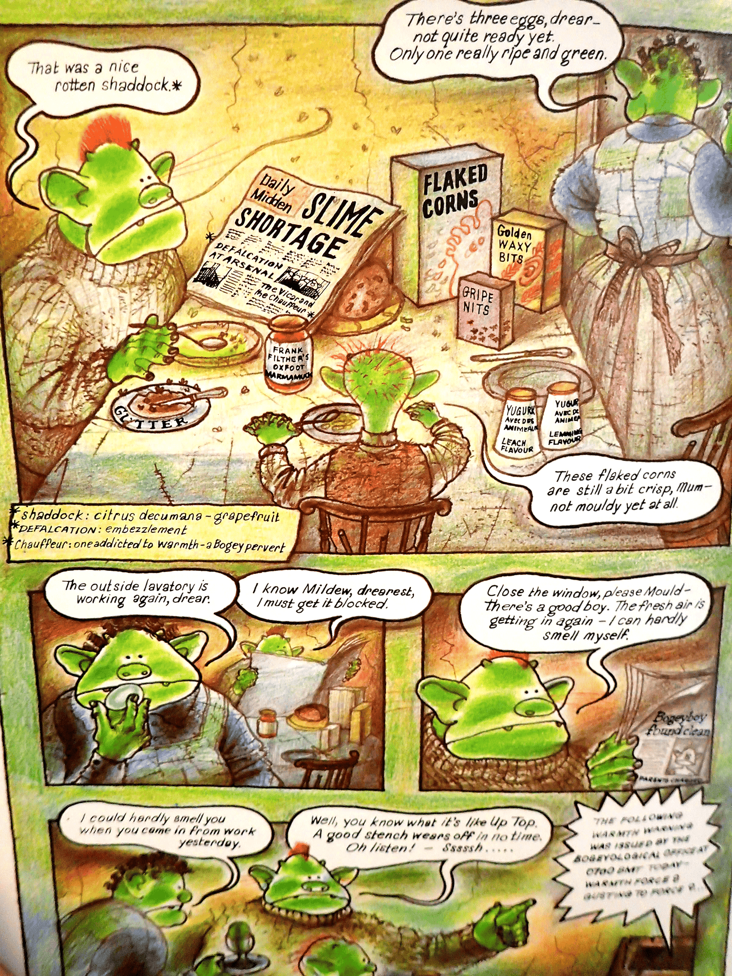 Page of Fungus The Bogeyman showing Bogey Family Breakfast by Raymond Briggs First Edition Vintage Children's Book