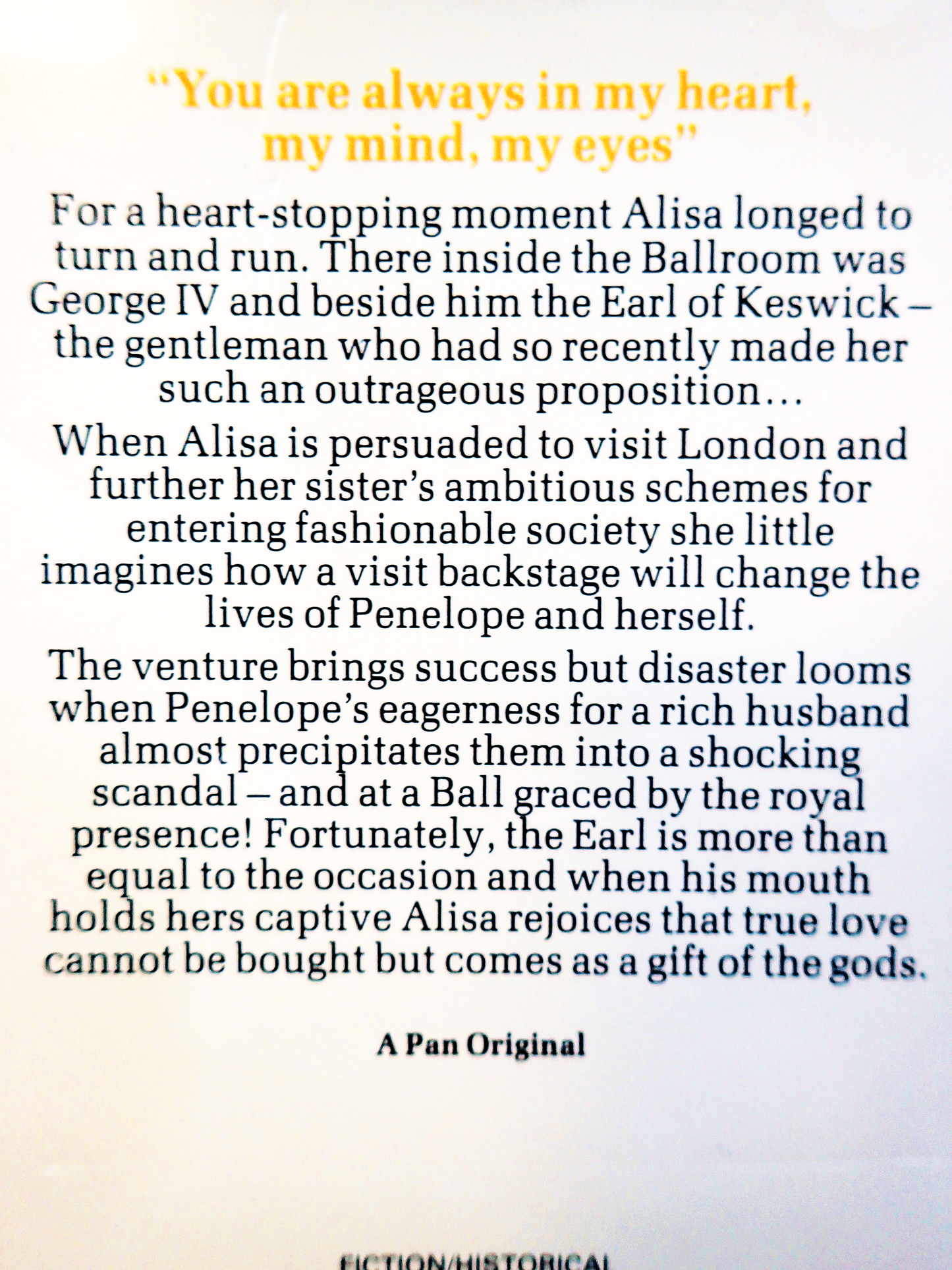 Back Cover of Gift of the Gods Barbara Cartland Pan Paperback: " You are always in my heart, my mind, my eyes..."