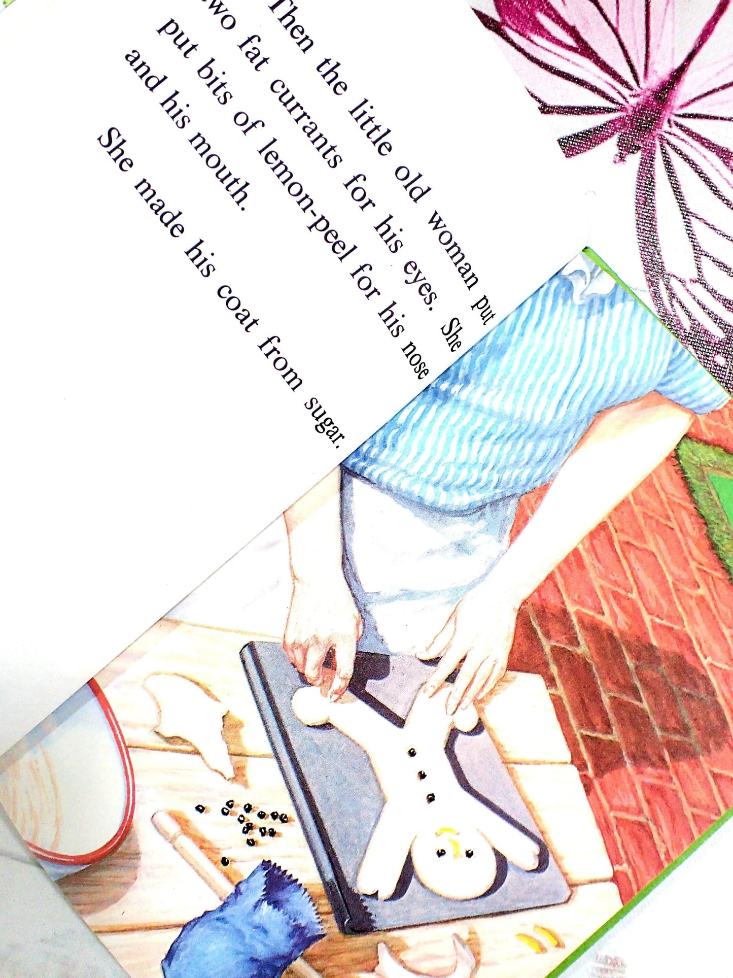 Then the little old woman put two fat currants for his eyes.