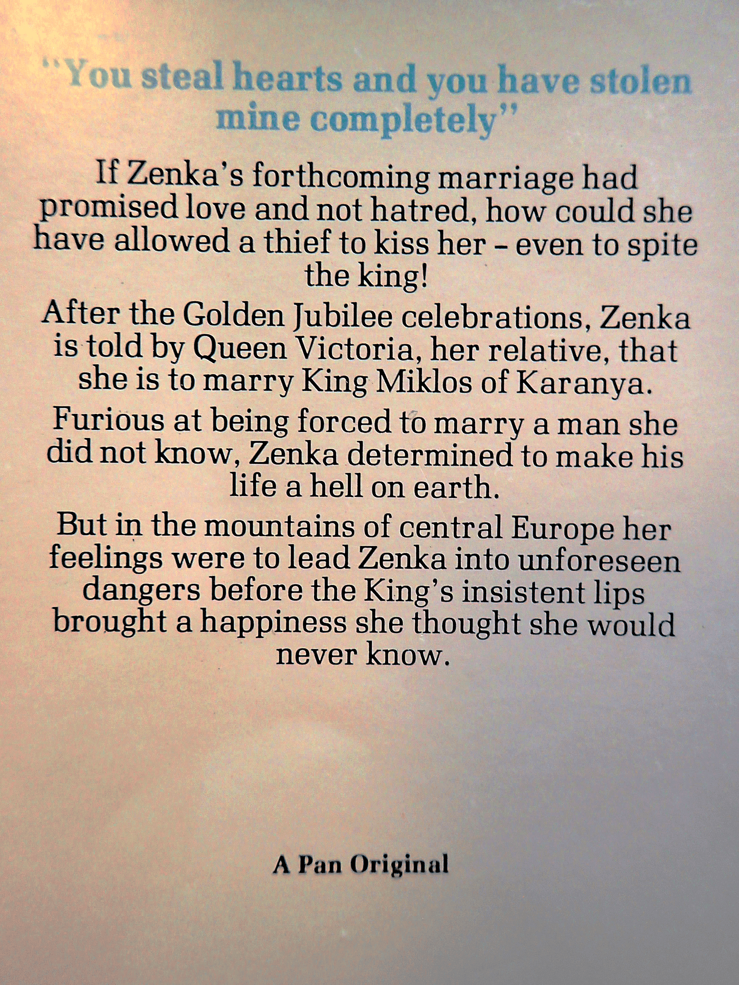 Back cover of The Hell Cat and the King Barbara Cartland Pan Paperback showing text: " You steal hearts and you have stolen mine..."