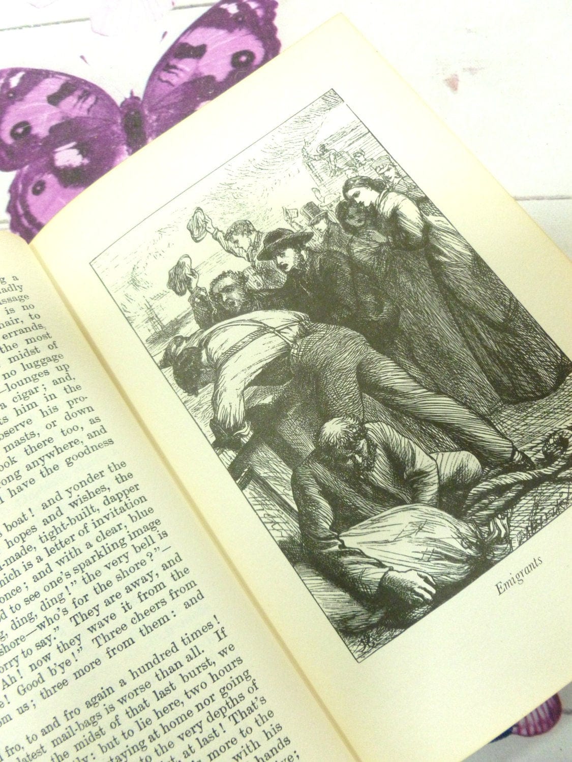 Engraved Illustration in black and white from American Notes and Pictures from Italy by Charles Dickens showing 'Emigrants'.