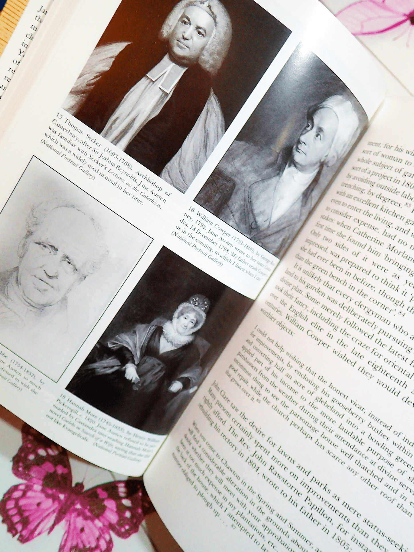 Illustrated pages from vintage book Jane Austen and the Clergy by Irene Collins showing grayscale portraits of notable persons in the Austen's social circle.
