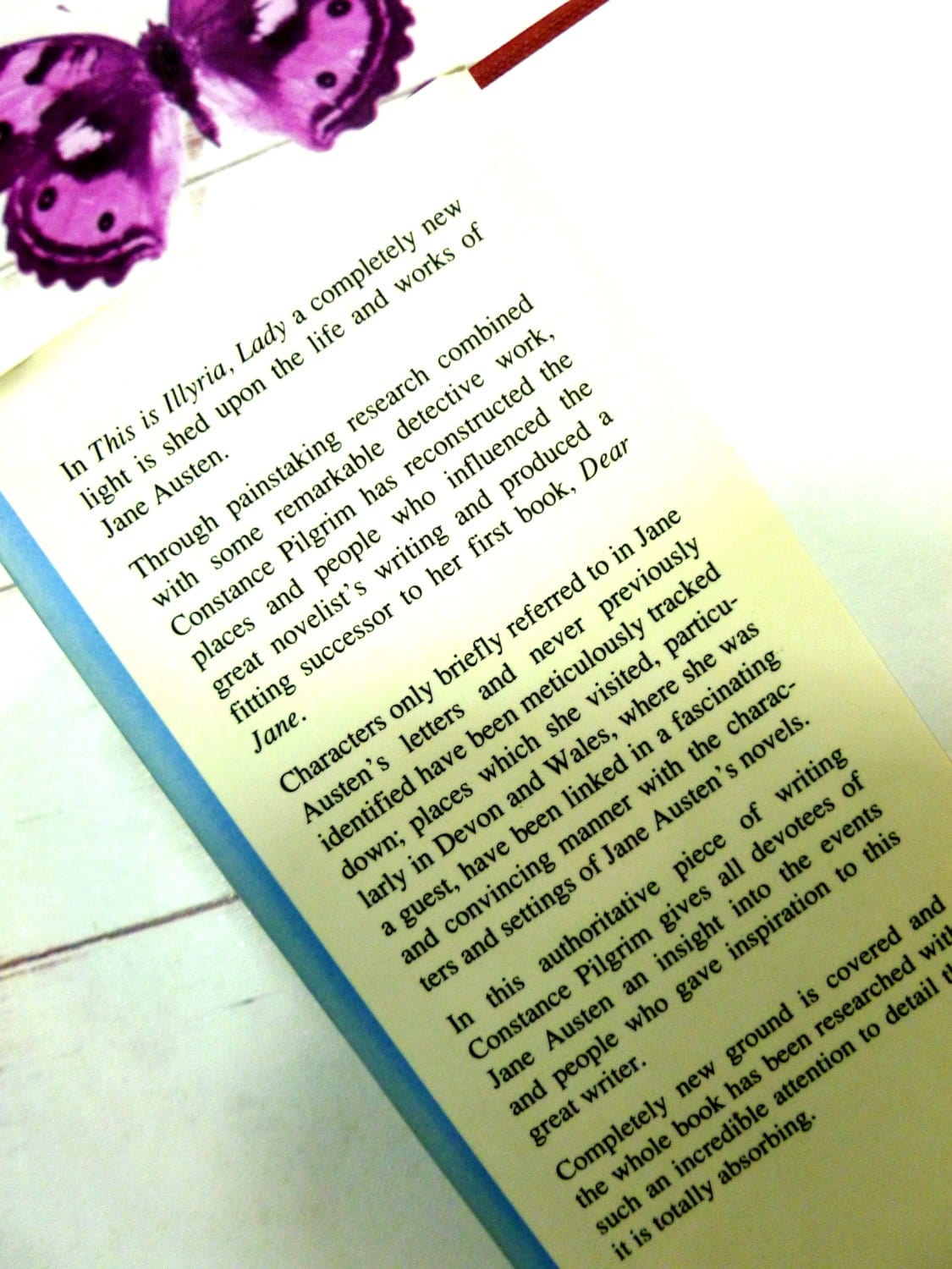 Blurb of Jane Austen's Life Hardback Book This is Illyria, Lady a completelyt new light is shed upon the life and works of Jane Austen.