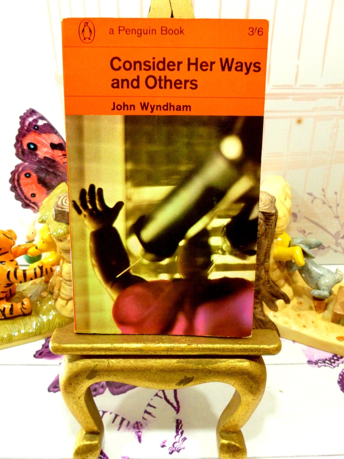 Front cover of Vintage Penguin Orange Paperback John Wyndham First Ed Book Consider Her Ways and Others showing a syringe and strange figure.