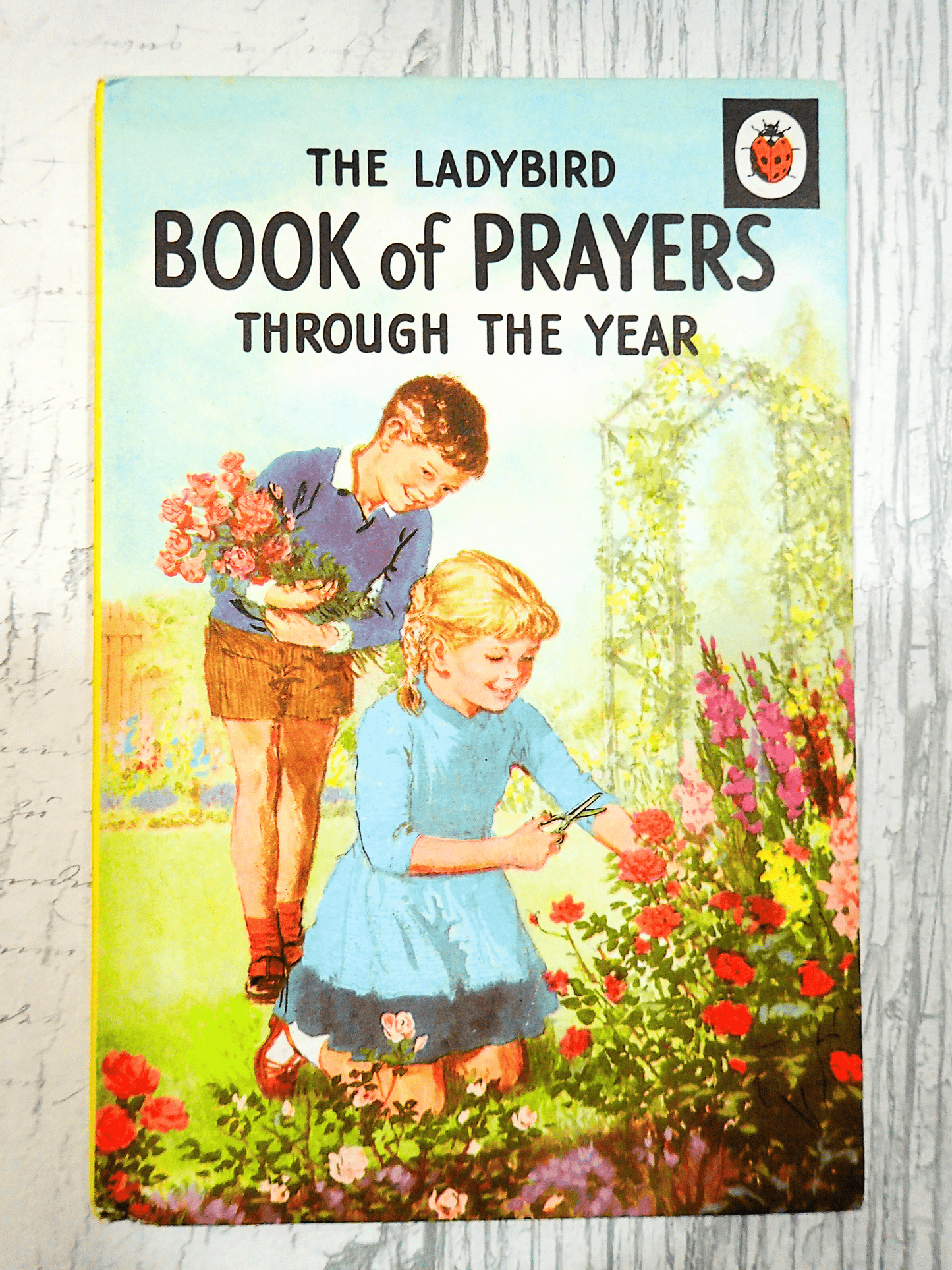 Front cover of The Ladybird Book of Prayers Through the Year for Children Beautifully Illustrated 1970's showing two children tending a garden against a light background