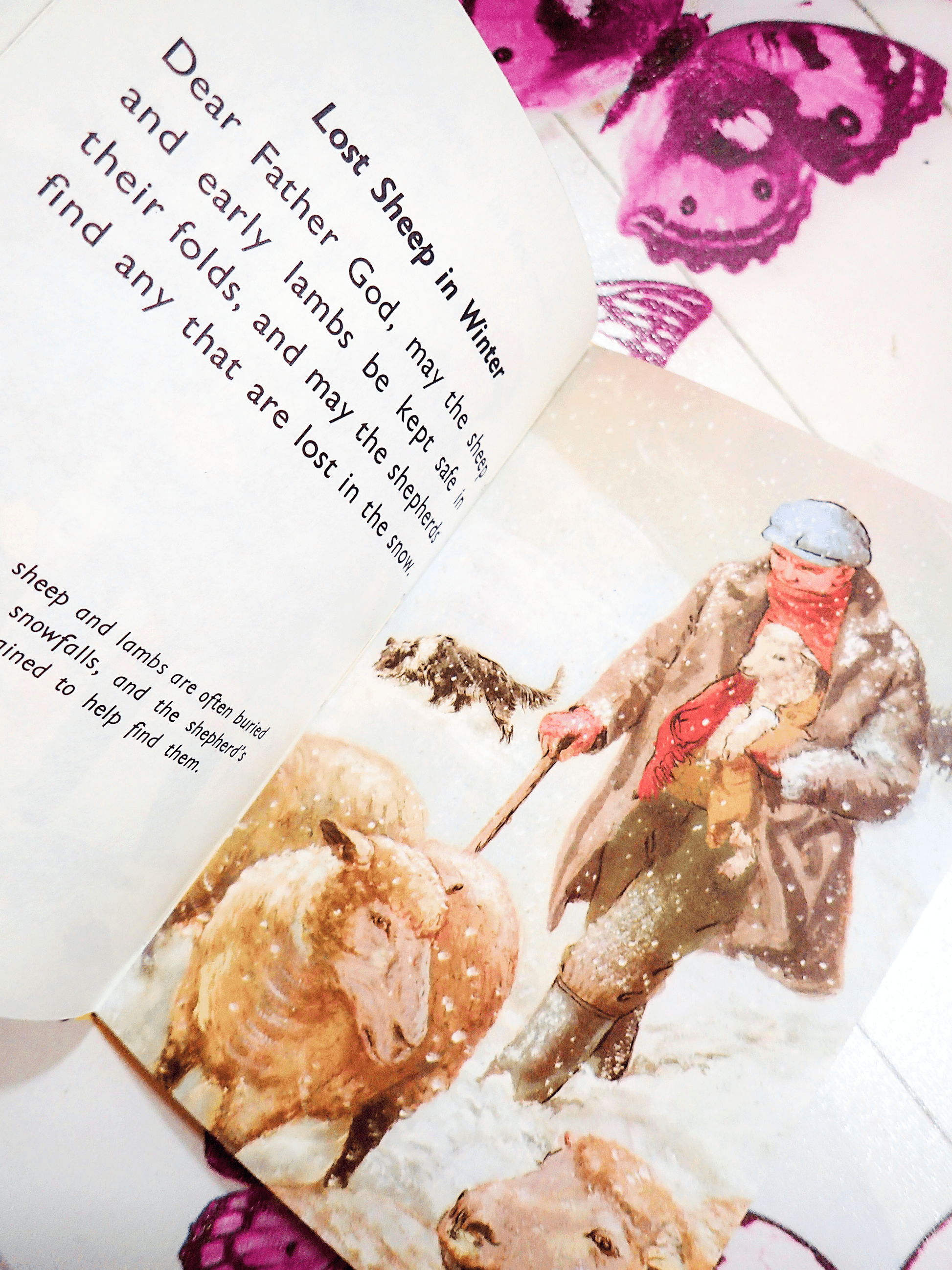 Pages of The Ladybird Book of Prayers Through the Year for Children Beautifully Illustrated 1970's showing lost sheep in winter with a shepherd in the snow.