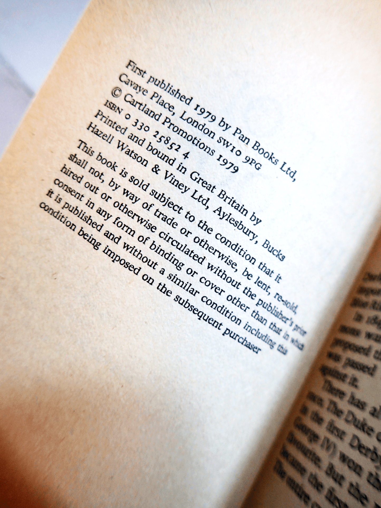 Page showing publication details of Light of the Moon Barbara Cartland Pan Paperback first published 1979